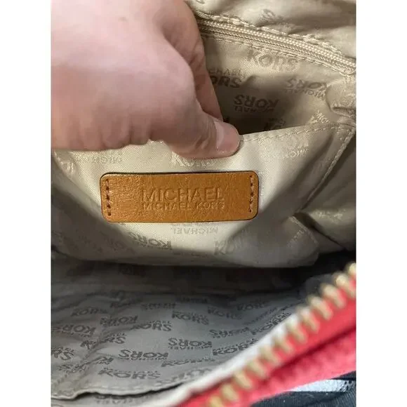 MICHAEL KORS, LARGE RED CANVAS, BROWN LEATHER SHOULDER BAG - Picture 13 of 16